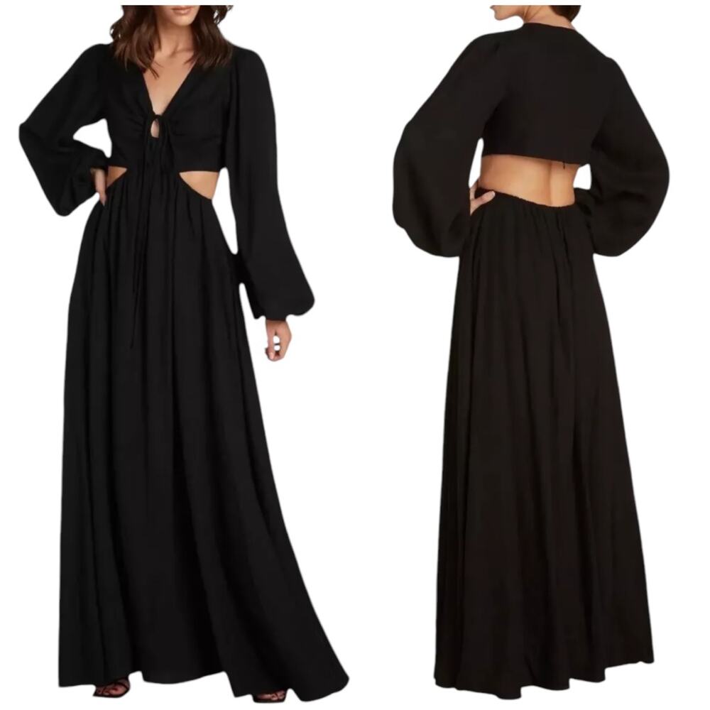 WILLOW NWOT Rosa Cutout Long Sleeve Maxi Dress Black Size XS Linen Blend V-neck